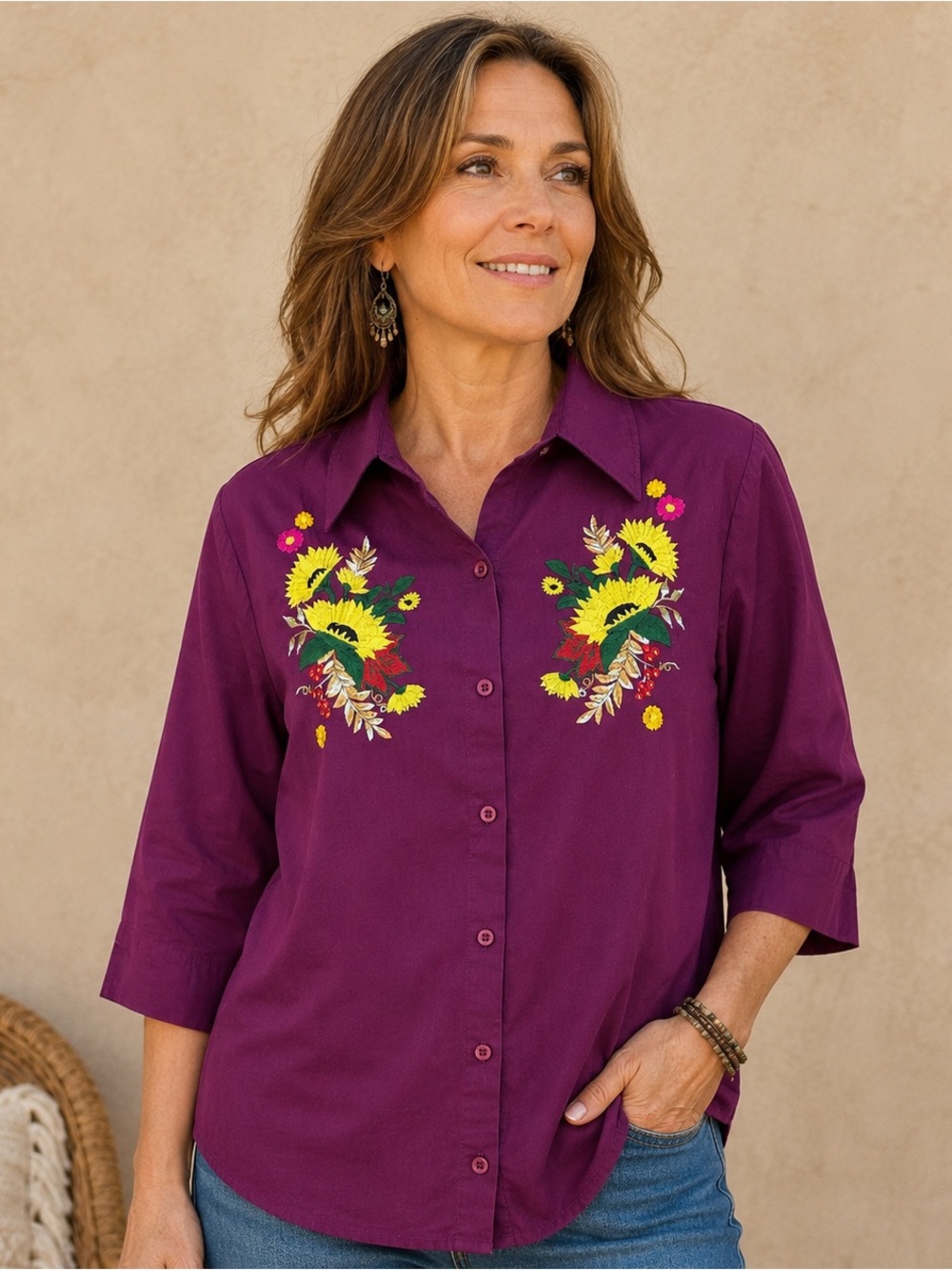 Boho 100% Cotton Blouse Women XL Plum Embroidered Sunflowers Festival Bohemian